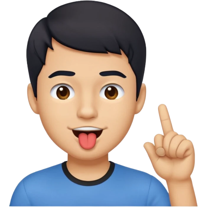"Create a playful emoji of a young man with short black hair, wearing a blue shirt. He is winking with one eye, sticking out his tongue dramatically, and pointing to his forehead with one hand in a cheeky gesture.
 emoji