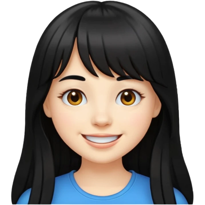 pretty white girl with long black hair and thick bangs, cheerful and cute, emoji style emoji