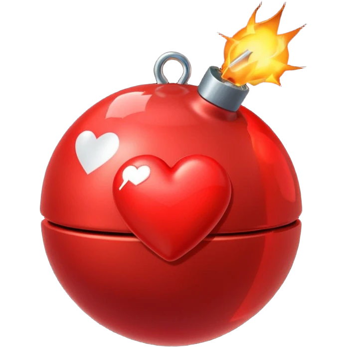 A spherical shaped bomb, red in colour, fuse burning with a heart. emoji