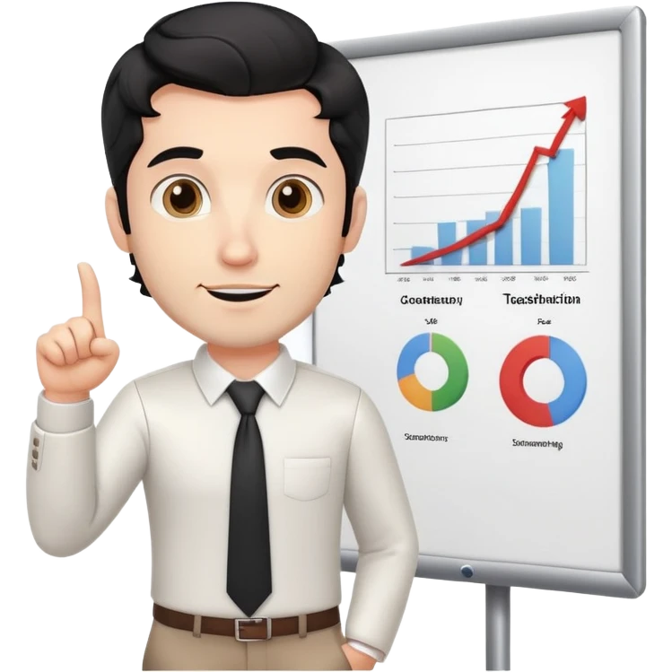 Professional 35-year-old man with black wavy hair, stubble, strong jawline, white skin tone, wearing smart casual business attire, standing and pointing at a presentation chart, teaching pose emoji