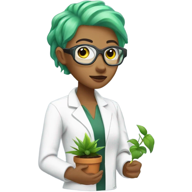 cyborg scientist wearing a lab coat and holding a small plant, woman with green hair, undercut hair cut emoji