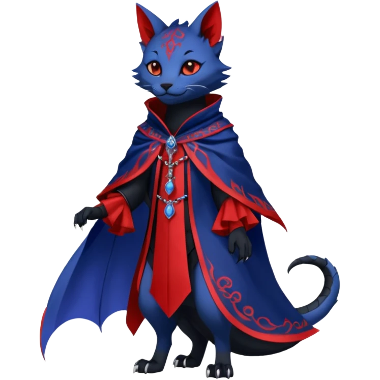 Kawaii gothic badass black, red, indigo, cute beautiful pretty elegant divine edgy feline-vernid-sergal-Haku-dragon-fursona-animal-creature, full body, with intricate detailed markings, Embroidered capelet, silken shawl emoji