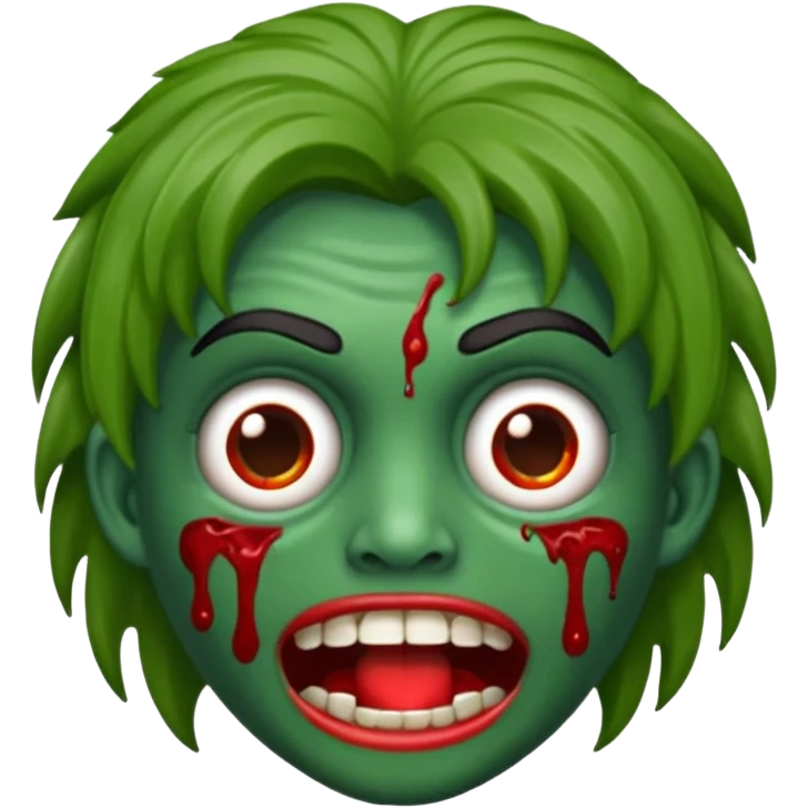 emoji de zumbi estilo WhatsApp, cabeça verde, cabelo cacheado vermelho volumoso, olhos brancos brilhando, expressão divertida e assustadora, cartoon, linhas limpas, fundo transparente, qualidade alta emoji