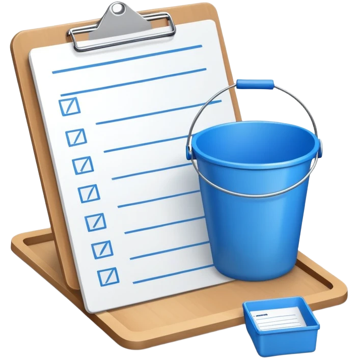 clipboard with a checklist and a small bucket beside it, symbolizing a bucket list emoji