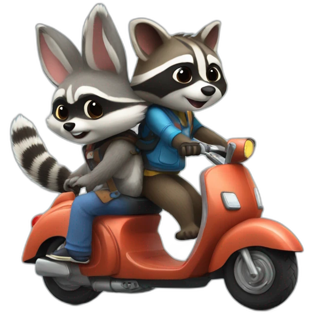 raccoon giving a ride to bunny both on a scooter emoji