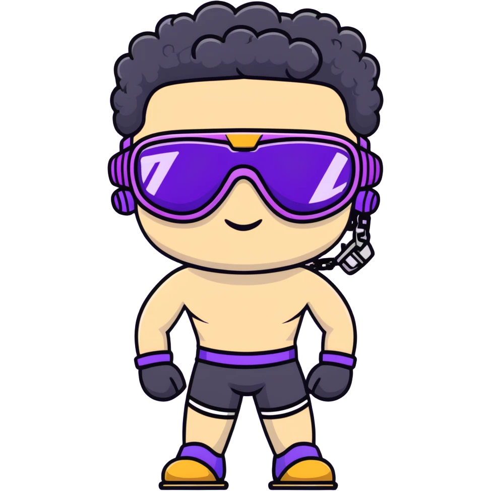 shirtless male athlete with white skin and moderately curly black hair on top with shaved sides, wearing ski goggles with purple frames/outline and very dark heavily tinted black lenses that completely hide the eyes, and a simple plain black chain necklace, no earrings emoji