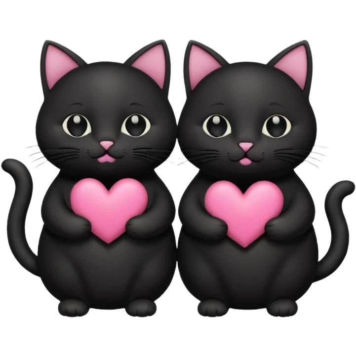 two fat cute black cats love, pink heart, closed mouth, black ears emoji