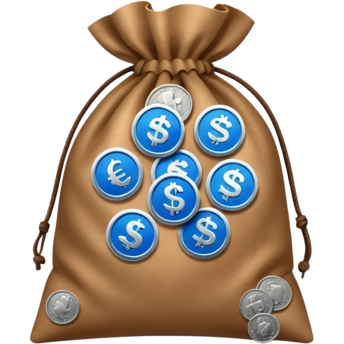 blue coins inside an opened brown money bag  emoji