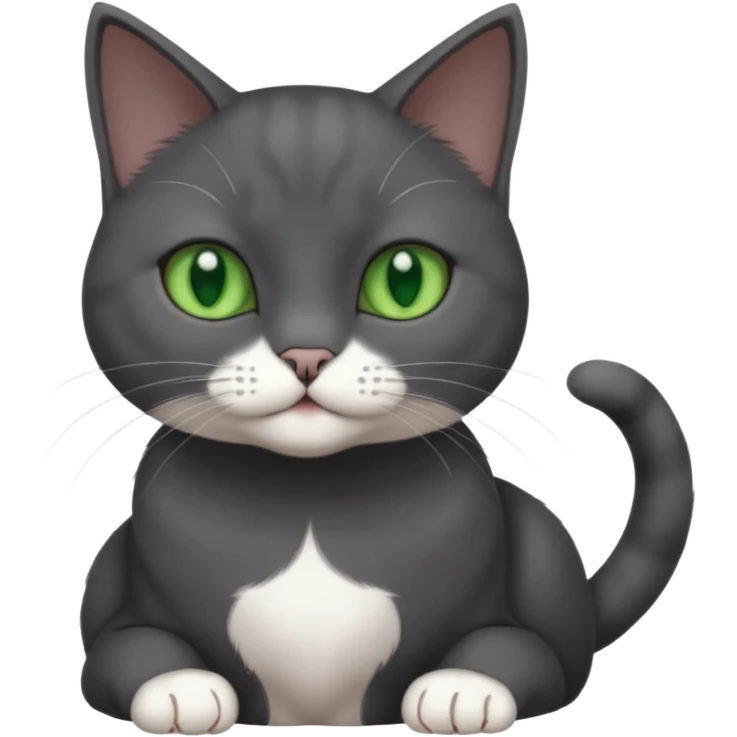 beautiful female solid dark grey cat with green eyes, white toes/paws and white patch on her chest playing emoji