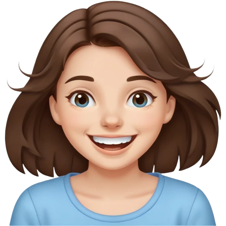brunette girl with brown hair wearing pastel blue clothes laughing joyfully emoji