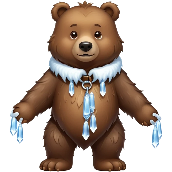 Natural looking brown bear walking on four paws, wearing a thick collar made of clear ice with sharp icicles dangling from it, like a large dog collar shape emoji