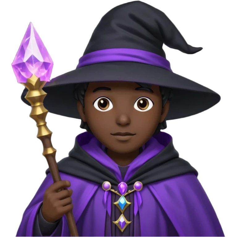 Wizard, black cloack with black hat, wand with purple magic, anime style, 3d emoji