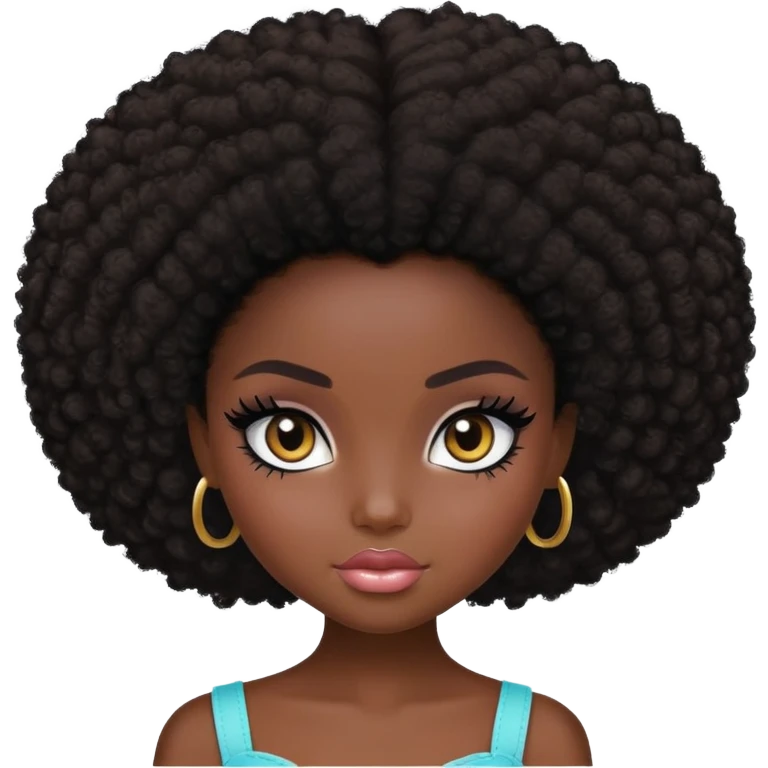 pretty bratz girl, dark black skin, dark brown afro, dark brown eyes, black eyeliner, deep black skin emoji