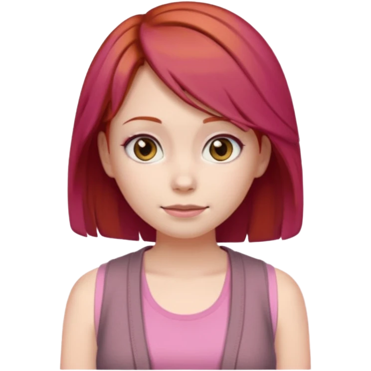 Создай эмодзи девушки с рыжими волосами и стрижкой химэ-кат, серыми глазами. На ней розовая майка и коричневая кофта emoji