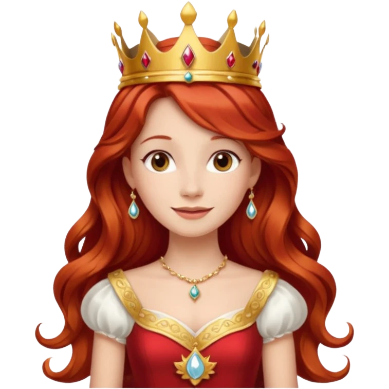 Red Haired Princess, Elegant Princess – long wavy red hair, gold crown, red-white gown, calm smile. emoji