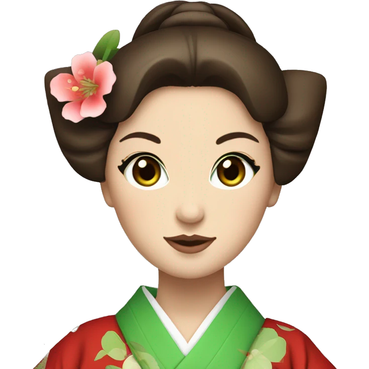 Geisha with green eyes and brown hair. Red kimono  emoji
