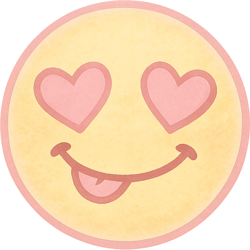 cute emoji, heart eyes, playful grin, pastel pink and yellow emoji