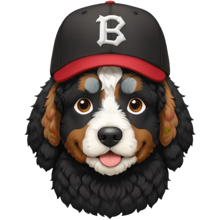 A black Bernedoodle with a white chest with a baseball hat on that says PC emoji