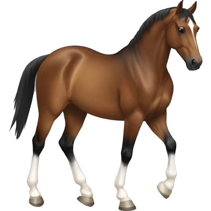 brown horse with two white socks in hind legs and two black legs in front, dressage emoji