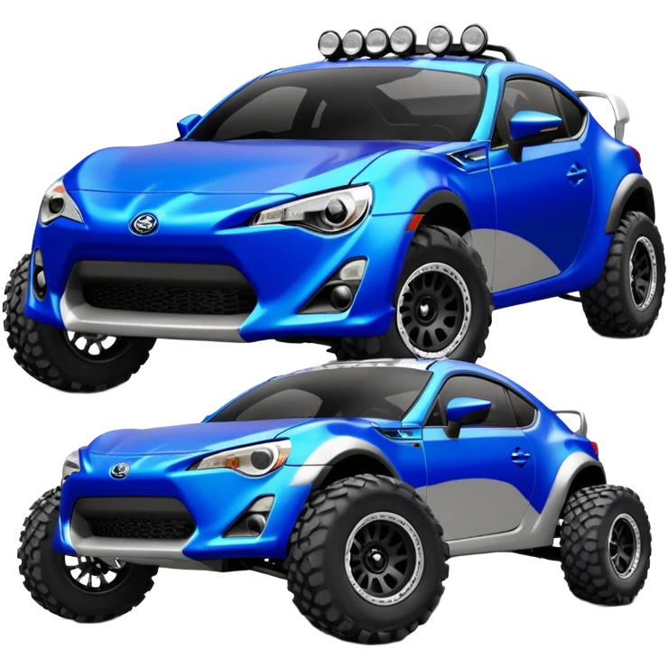 Dirty raced jacked 2013 scion fr-s ultramarine off road 4wd monster Baja dessert stadium racer number 86 with long travel suspension, shiny silver wheels, exaggerated wide black fender flares  emoji