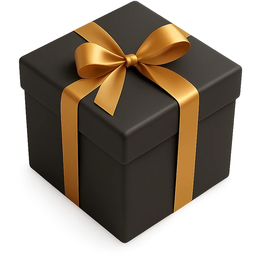 3D black gift box with an orange ribbon, realistic, soft shadows emoji