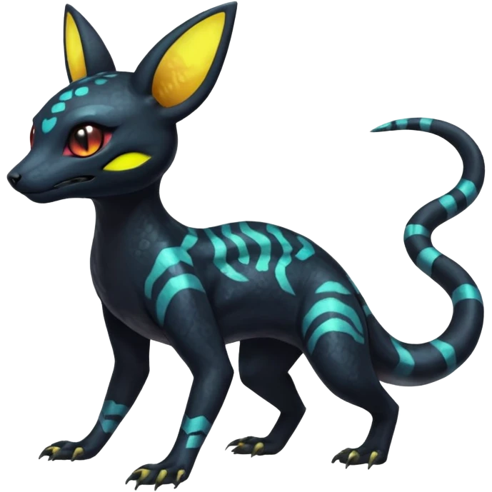 Rare epic aesthetic iridescent spooky gloomy colorful Salandit-Umbreon-Genet-species-Fakemon-hybrid-creature, with markings, full body emoji