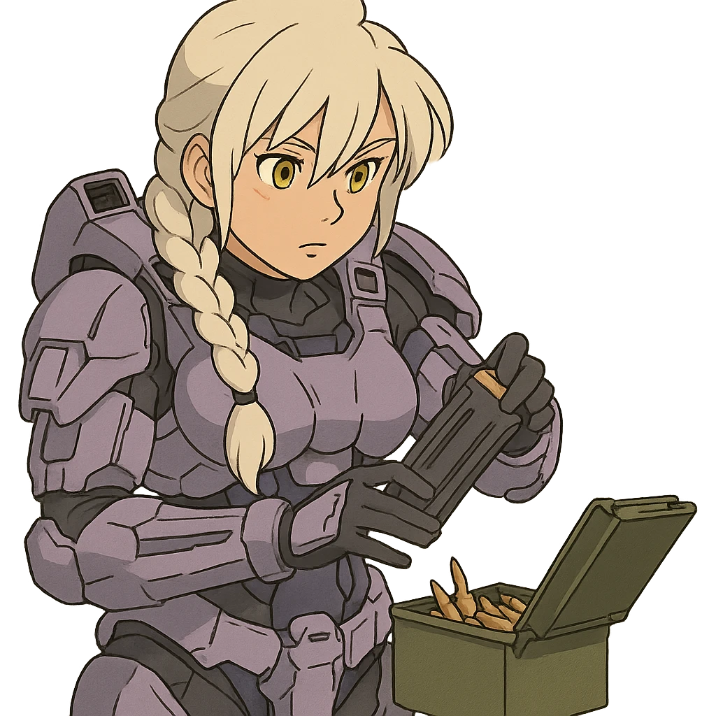 female, wearing reach spartan armor default, long white braid hair with massive messy front side single bangs, gold yellow eyes, attention pose, HALO:series, no helmet, the armor is lavender color scheme, shoulder pad off. DDD bust size fitting. Punk gothic cyberpunk, loading a magazine from a green ammo box emoji