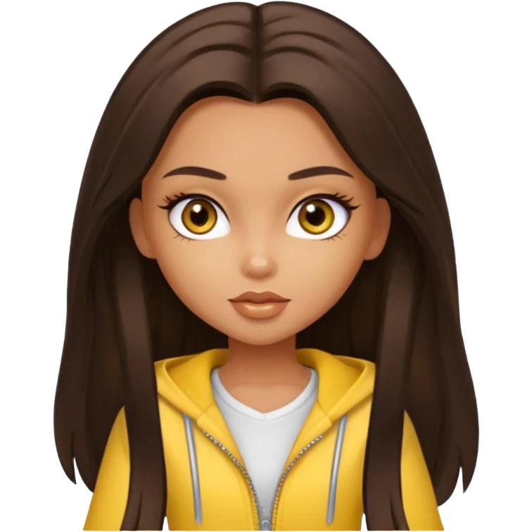 Bratz Sasha Dark brown long hair hazel eyes, yellow outfit emoji