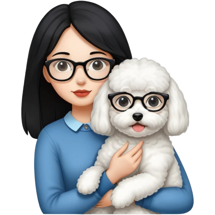 Girl with long black hair and glasses holding a white Bichon Frise dog emoji