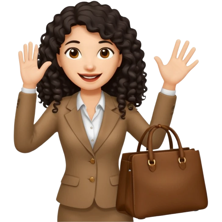 medium deep tan brown business woman with long black curly hair, waving hand with happy face with smile mouth and carrying bag on her shoulder emoji