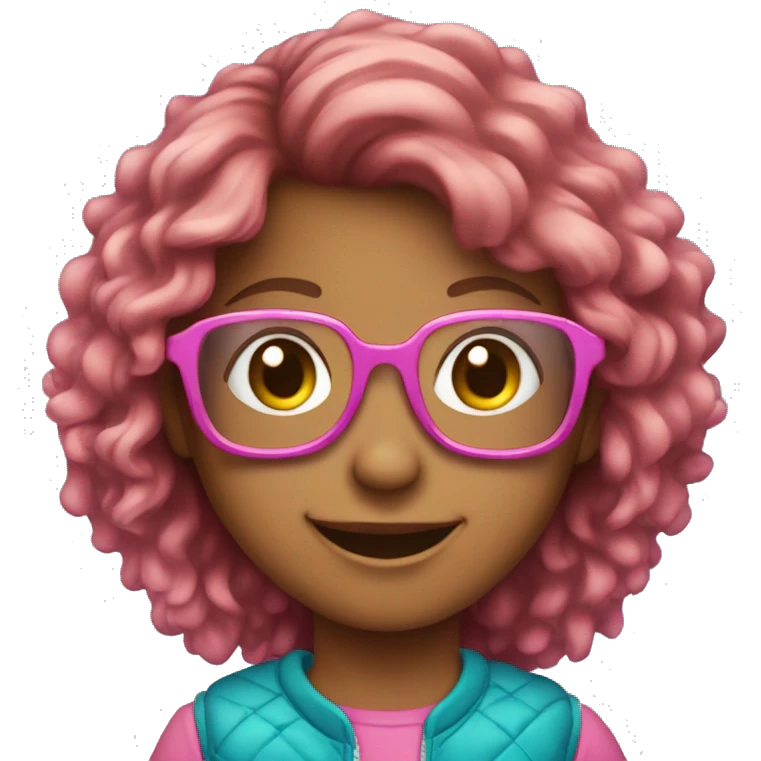 smiling Cooper Haired girl outdoors with pink glasses emoji