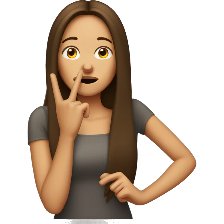 brown-haired woman with straighted long hair,  shows her index finger in front of her mouth emoji