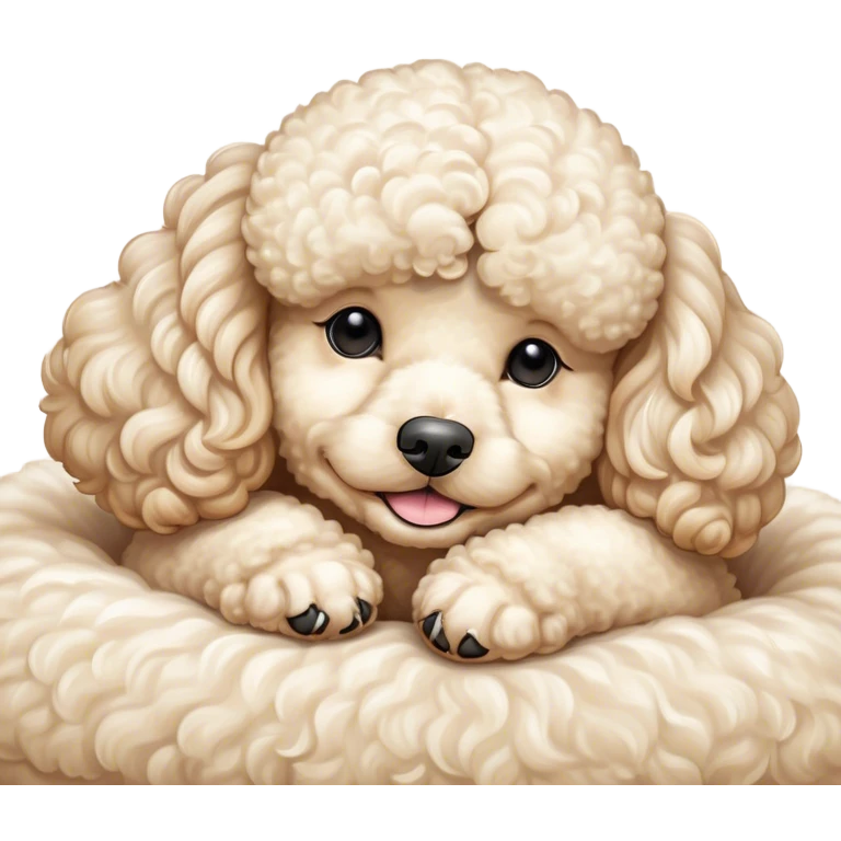 Meme-Worthy Cute Sleeping Cream Poodle Portrait Emoji, Head resting peacefully with a contented smile, showcasing a delightfully elegant build and a luxuriously soft, curly cream Fur, eyes shut in a serene nap, Simplified yet hilariously adorable features, highly detailed, glowing with a soft, drowsy light, high shine, relaxed and utterly lovable, stylized with an air of playful laziness, bright and heartwarming, soft glowing outline, capturing the essence of a comically sleepy companion, so meme-worthy it feels like it could instantly become the next viral sensation of adorable slumber! emoji