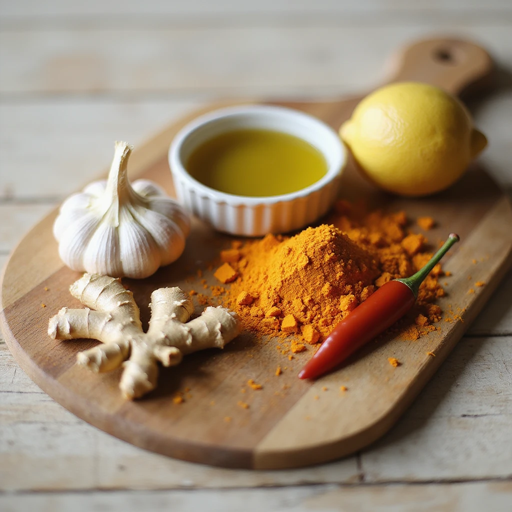 cutting board with anti-inflammatory ingredients: fresh ginger root, fresh turmeric, garlic, lemon, chili pepper, olive oil, natural atmosphere, realistic details, light wooden background emoji