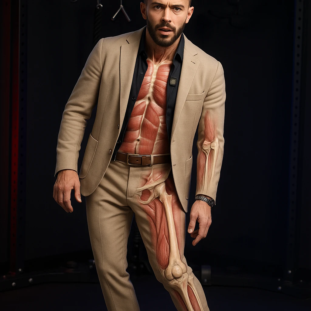 Realistic man standing in a gym, pose as in the reference, pelvis tilted, knee in valgus, and pronated foot. Visible skin and muscles, some translucent areas partially showing bones and joints involved (pelvis, knee, foot). Natural expression, clothing similar to the reference, hyperrealistic 4K details, gym environment. View slightly rotated by 45 degrees. Variant 5. emoji