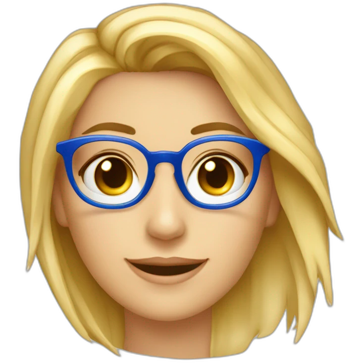Una chica rubia de 25 años rubia con ojos azules tiene unas gafas hexagonales doradas y es ingeniería informática emoji