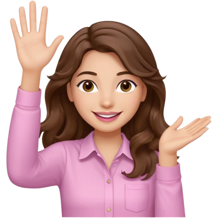 girl with wavy long brown hair, brown eyes, light to medium complexion, long lashes, light pink lipstick, smiling, wearing light pink shirt, waving hello emoji