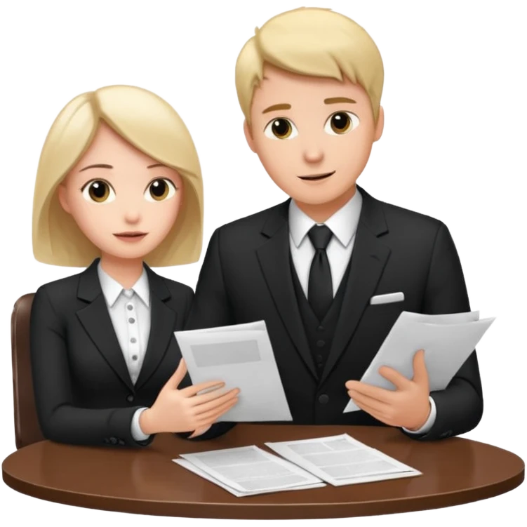 man in formal suit talking to woman in formal suit, they sit, papers in hands on the table emoji