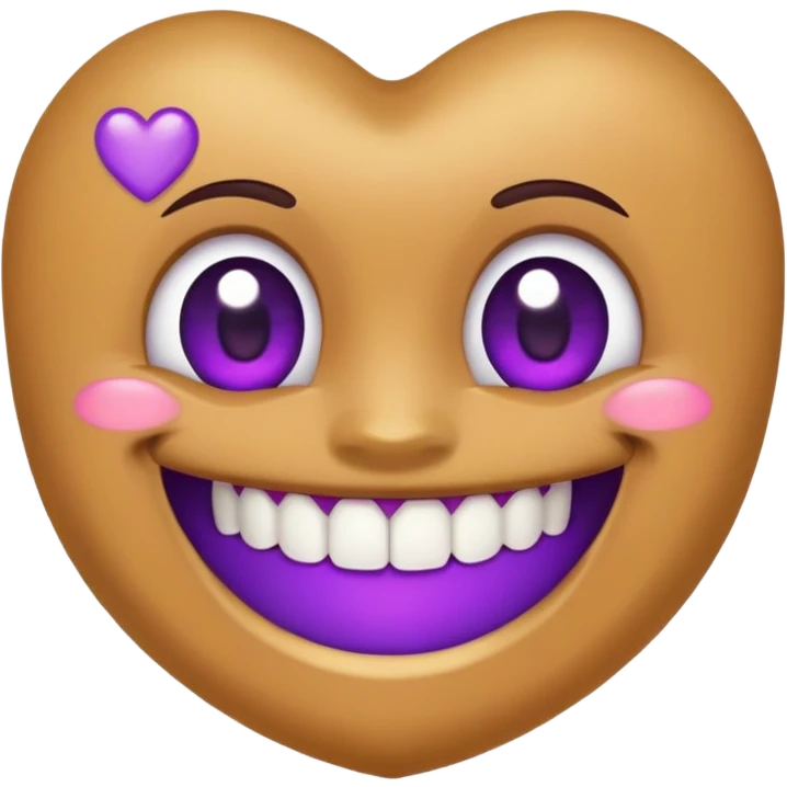 smiling face with purple heart eyes, front tooth gap and one gold tooth on the side, brown background emoji