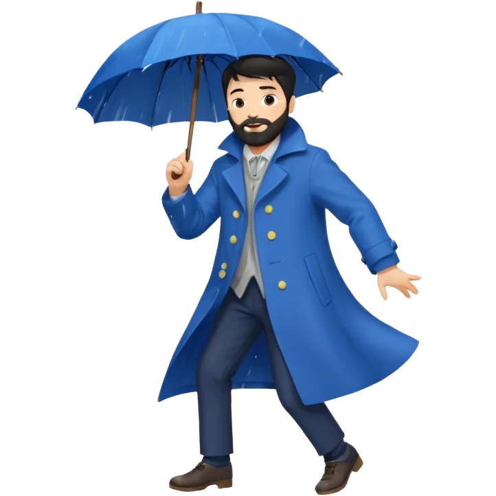 A dark-haired boy with a white beard dancing with an umbrella in the rain emoji