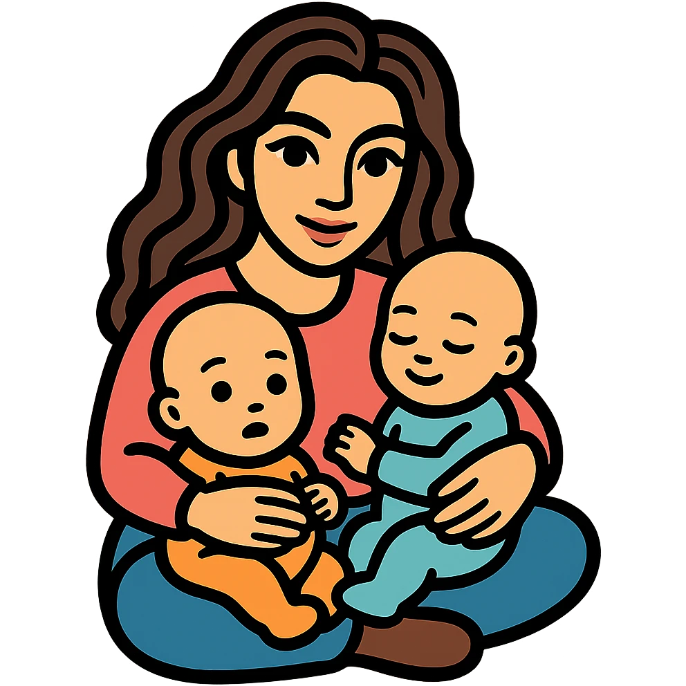 Create a variation of a woman with two infants, where one infant has a smile and closed eyes. The woman has detailed facial features, expressive eyes and lips with shadows and highlights, and long wavy hair. The style is icon-color-outlined with a retro sticker vibe. The background should be transparent. emoji