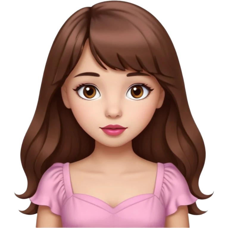 A cute girl with medium skin, soft pinkish cheeks, large bambi dark hazel eyes with long eyelashes, long wavy brown hair with bangs, medium straight nose with a soft tip, medium natural red lips, very feminine and pretty features, wearing a beautiful pink dress.l emoji