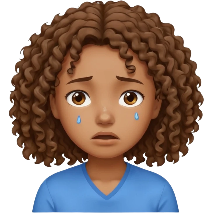 white young curly hair girl, brown hair, with a blue shirt, in despair crying emoji