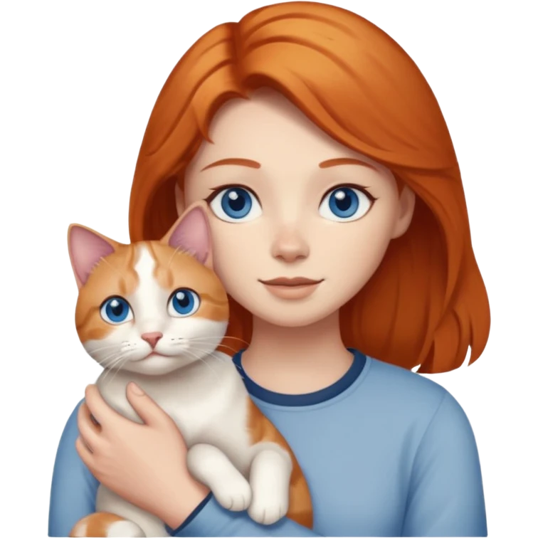 A ginger with blue eyes holding a large dilute calico cat. emoji