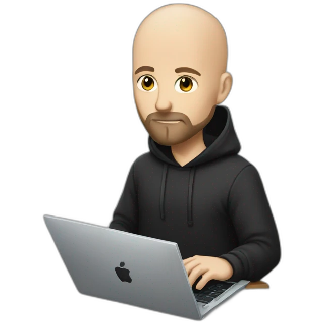 bald white man with a black beard typing on apple computer wearing a black hoodie emoji