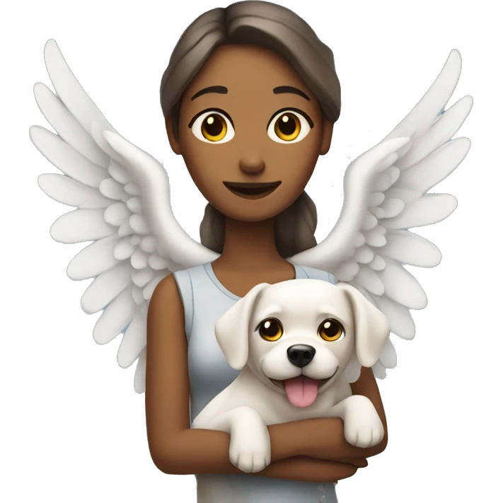 woman with a dog. The dog has angel wings emoji