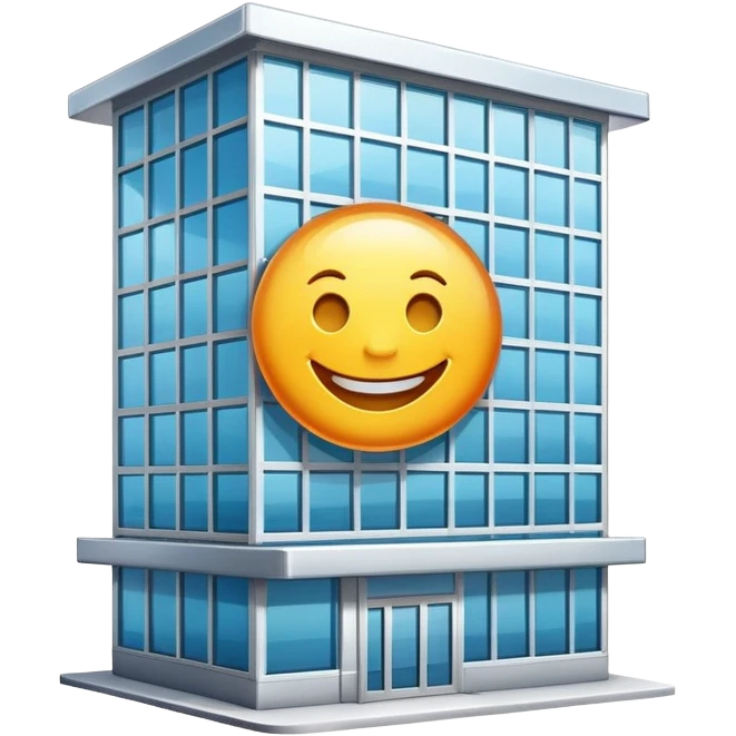 smiling office building with a happy face emoji