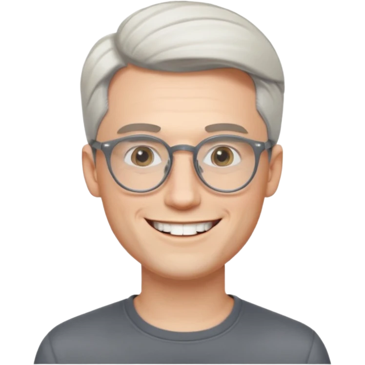 30 yr old pale white man, white/grey side swept stylish hair, round glasses, big smile, white teeth, handsome, longer hair, thin glasses,  smooth forehead, open collar, trendy emoji
