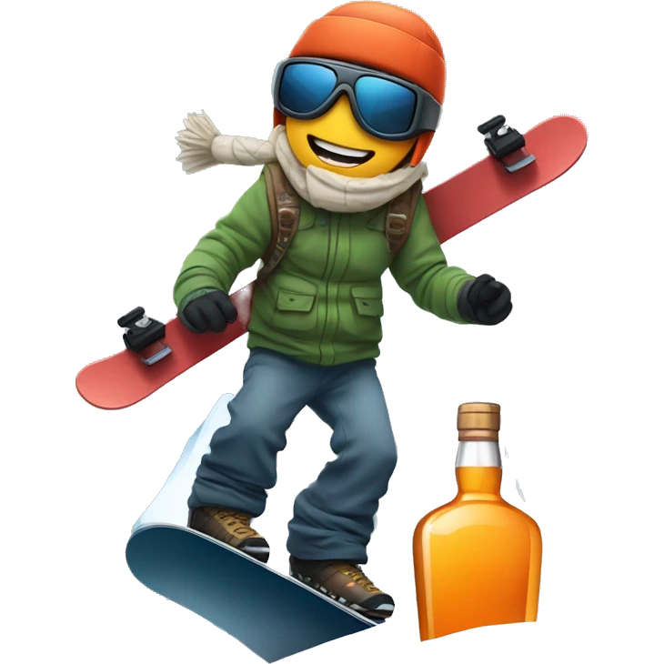Boarder with whiskey bottle on the snowboard around the mountains emoji