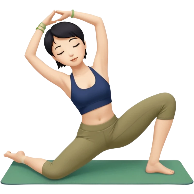 키는 작은편이고 앞머리 없는 단발머리야. 옆머리는 있고 요가를 좋아해. 남색 홀터넥을 많이 입고 민트색 요가바지를 자주 입어. 머리색은 검정색이고 하타요가를 좋아해. 바지색은 연한 연두색이고 요가매트는 카키색이야. 시르사파다 자세를 하고 있어. emoji